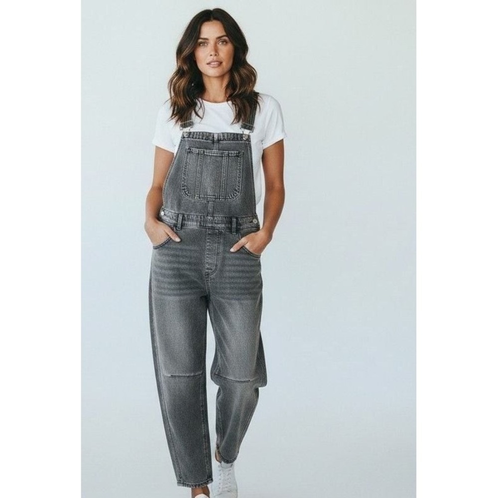 Aaron & Amber Denim Women's Casual Barrel Leg Bib Overalls Grey Wash Sz S